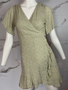 Abercrombie & Fitch Sage Green, White  Wrap Mini Dress - Hem Ruffle Size XS
